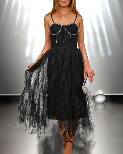 Royalfashion Schwarzes Damen-Midikleid mit Tüll