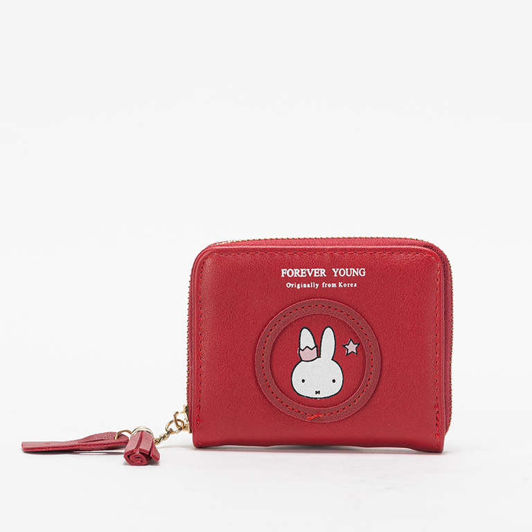 Kastanienbraune kleine Damenbrieftasche mit Hase und Schlüsselring - Accessoires