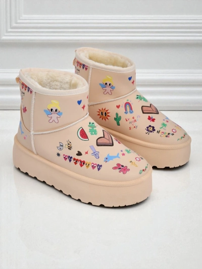 Gefütterte Callisto Angelico Stiefel mit Kinderzeichnungen auf Plateau Beige