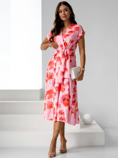 Royalfashion Damen Midi-Kleid mit kurzen Ärmeln, Wickelausschnitt in Frühlingsblumen