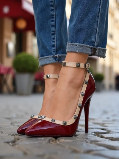 Royalfashion Lackleder Damen Stilettoabsätze mit Nieten Qoscalle