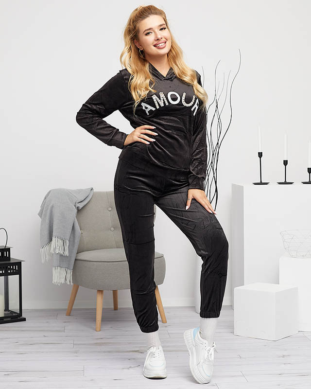 Schwarzes Damen-Trainingsanzug-Set mit Aufschrift und Kristallen - Kleidung