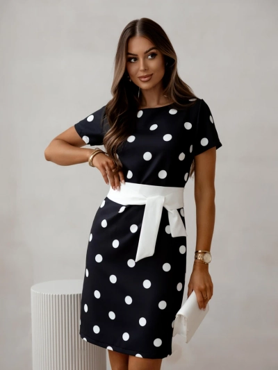Royalfashion Damen knielanges Kleid mit kurzen Ärmeln und gepunktetem Bindegürtel