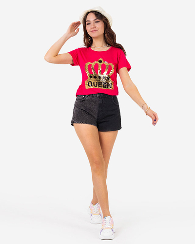 Fuchsia Damen T-Shirt mit Krone und Pailletten - Kleidung
