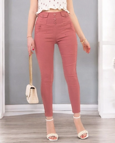 Damen-Treggings in Rosa mit Knöpfen - Kleidung