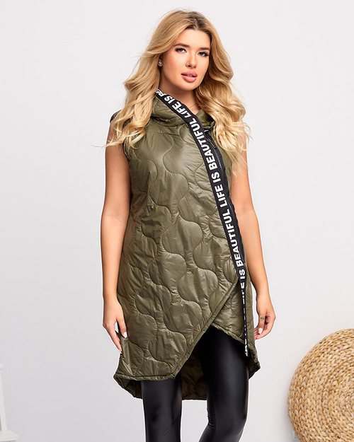 Темно-зелений довгий стьобаний жилет з принтом