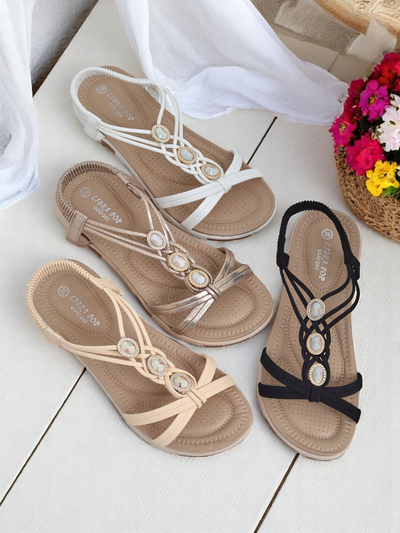 Royalfashion Bellona Damen Sandalen beige mit Zirkonia auf Plateau
