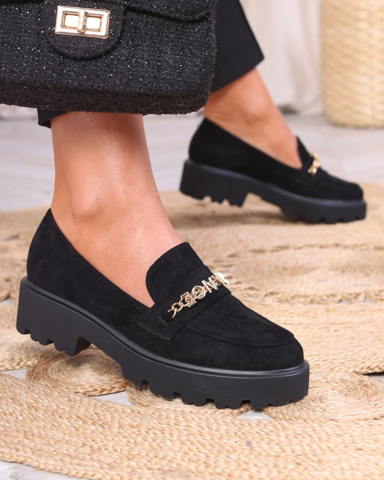 Schwarze Damenmokassins mit Goldverzierung Terreki-Schuhe