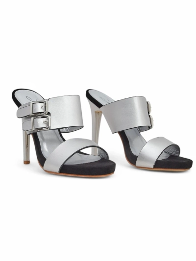Sandale Aletheia silber mit 12cm Stilettoabsatz aus ökologischem Leder mit Riemchen