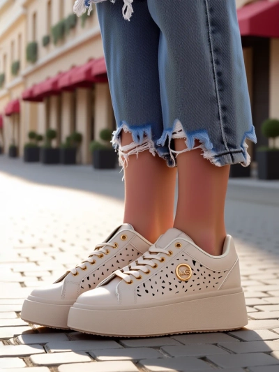 Damen Sneakers Ecru auf Plateausohle Boreas Royalfashion Öko-Leder