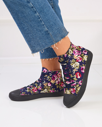 Royalfashion Damen hohe marineblaue Sneakers mit bunten Blumen Soxic