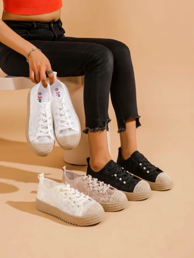 Royalfashion Damen Sneakers aus Spitze mit Pailletten Nille