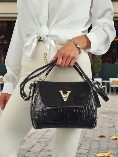 Schwarze Damenhandtasche Vespera Classico Öko-Wildleder und Lackleder