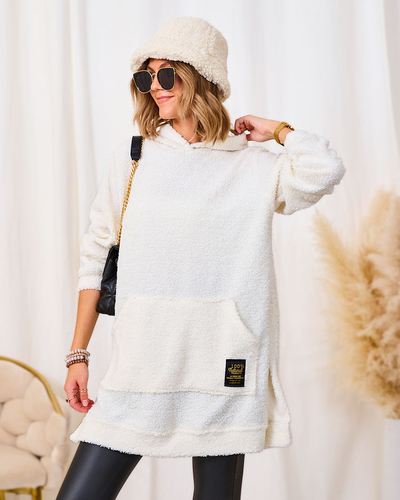 Royalfashion Cremefarbener langer Damenpullover mit Kapuze