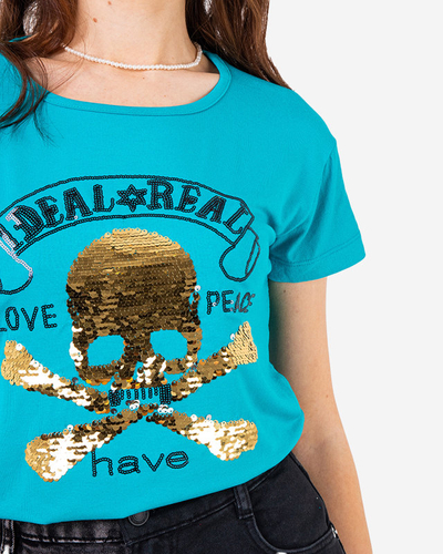 Blaues Pailletten-T-Shirt für Damen mit Aufschriften - Kleidung