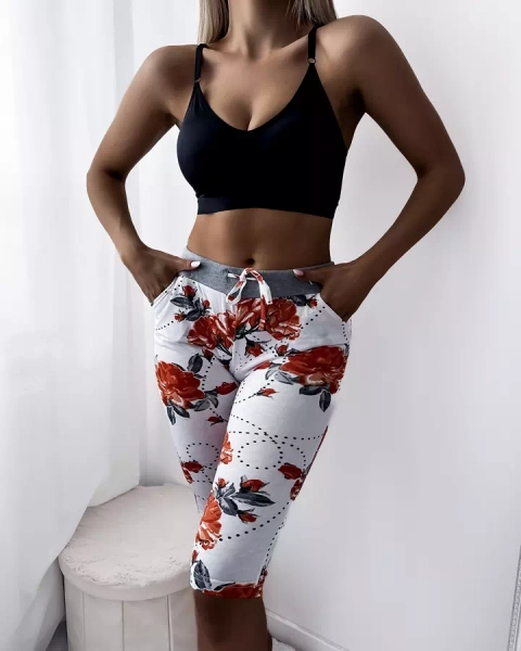 Weiße 3/4-Shorts für Damen mit roten Blumen GROSSE GRÖSSE - Kleidung