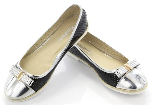 Srebrno-czarne baleriny z lakierowanym noskiem - Obuwie