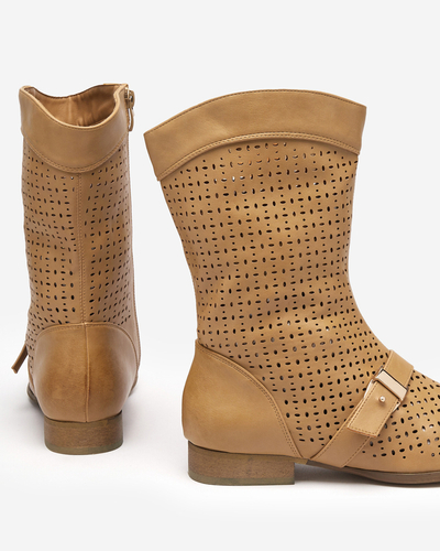Hellbraune durchbrochene Stiefel mit flachem Absatz Weiluna - Footwear