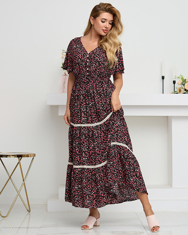 Schwarzes langes Sommerkleid für Damen mit Blumen - Kleidung