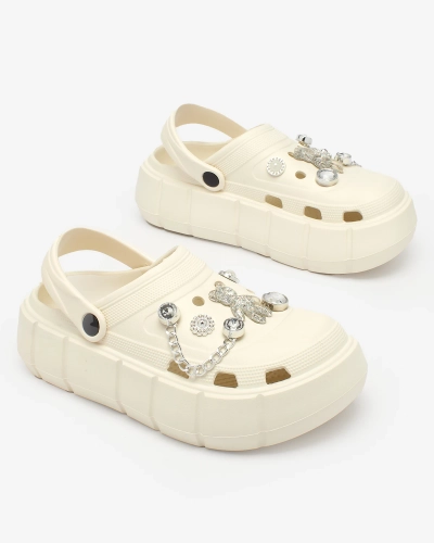 Royalfashion Cremefarbene durchbrochene Damen-Flip-Flops mit Zirkonia-Verzierungen Afuccia