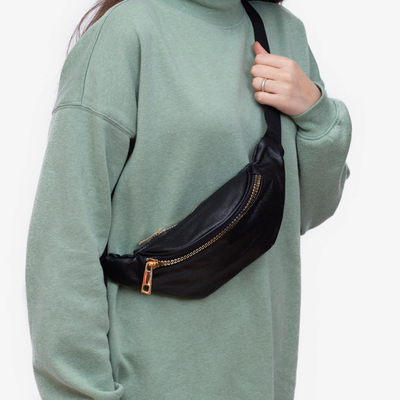 Damen-Gürteltasche aus schwarzem Brokat mit goldenem Reißverschluss - Accessoires