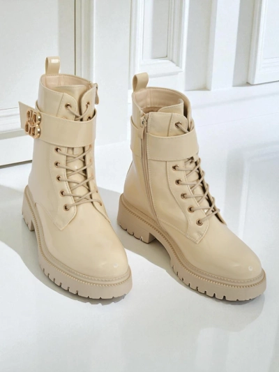 Beige Ariadne Stiefeletten aus Öko-Leder mit Reißverschluss, runde Spitze, stilvoll
