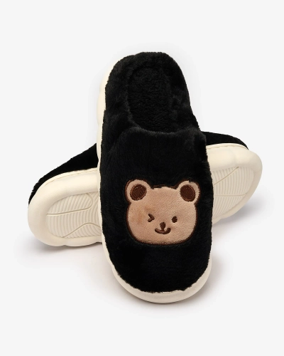 Royalfashion Schwarze Damen-Pelzpantoffeln mit Teddybär Hettres
