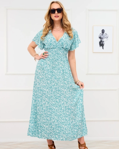 Langes grünes Damenkleid mit Blumenmotiv - Kleidung