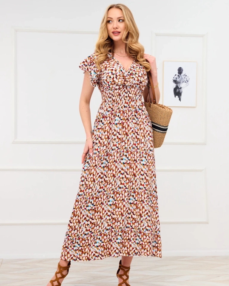 Braunes gemustertes Midikleid für Damen - Kleidung