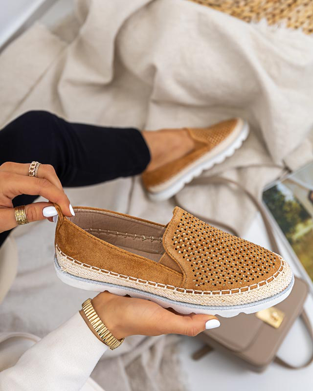 Durchbrochene Damen-Espadrilles mit Zirkonia und Glitzer in der Kamelfarbe Seritas - Schuhe