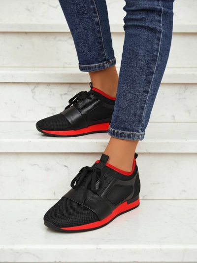 Damen-Sneakers Artemida Nero aus Stoff und Öko-Leder mit rotem Akzent