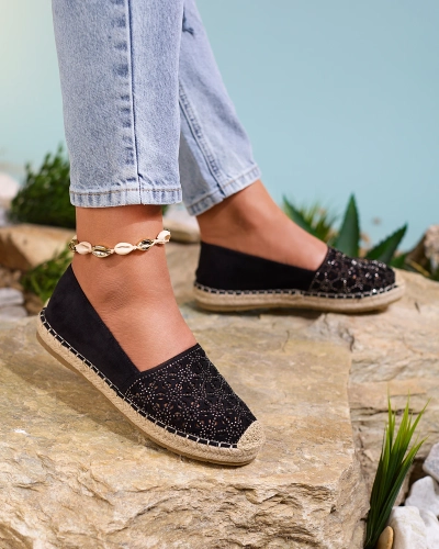 Royalfashion Schwarze Damen-Espadrilles mit Zirkonen Cyrilla