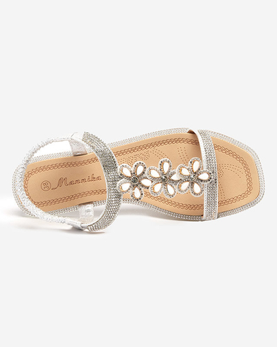 Silberne Damensandalen Soritis mit Blumen - Schuhe