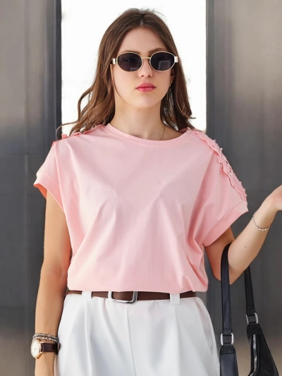 Royalfashion Damen Baumwoll-T-Shirt mit Spitzenärmeln