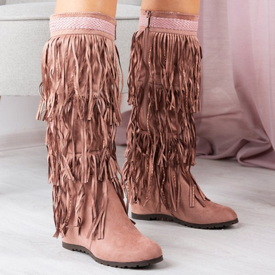Rosa Stiefel mit Keilabsatz und Bahroma-Fransen - Schuhe