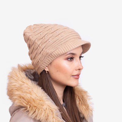 Beige warme Damenmütze mit Perlen - Accessoires