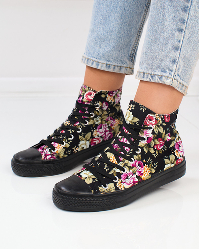 Жіночі високі чорні кеди Royalfashion з принтом у різнокольорові квіти Fahenna