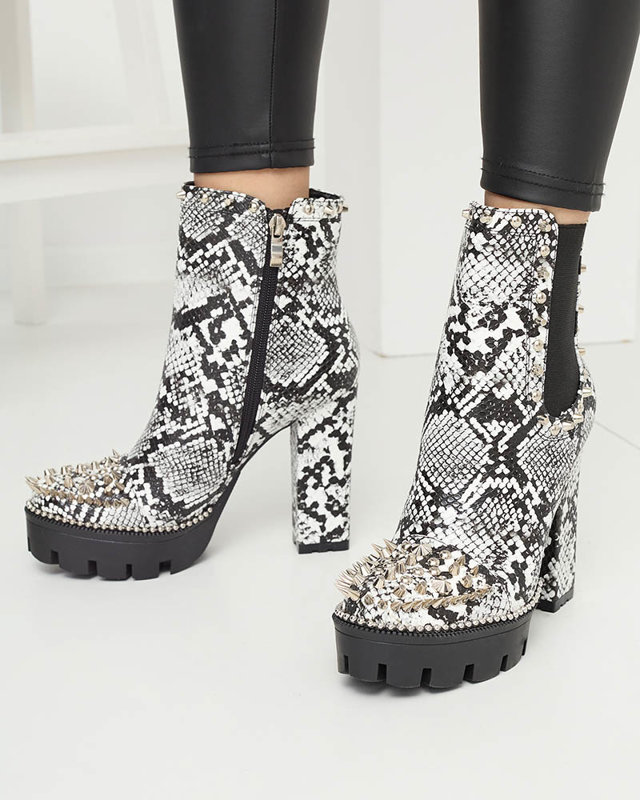 Schwarz-weiße, isolierte, verzierte und geprägte Damenstiefel Tegis - Footwear