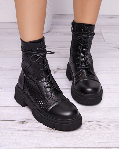 Schwarze durchbrochene Damenstiefeletten mit flachem Absatz Rolika - Footwear