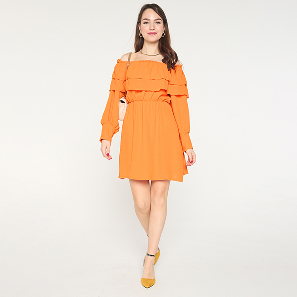 Orange kurzes Kleid der Frauen mit Rüschen- Kleidung