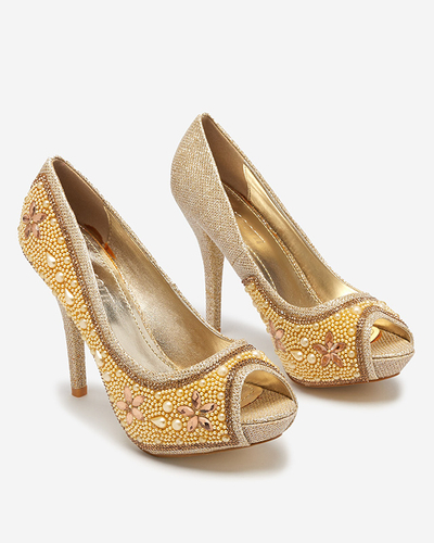 Gold Frauen Brokat Pumps mit Zirkonia und Gitana Perlen - Schuhe