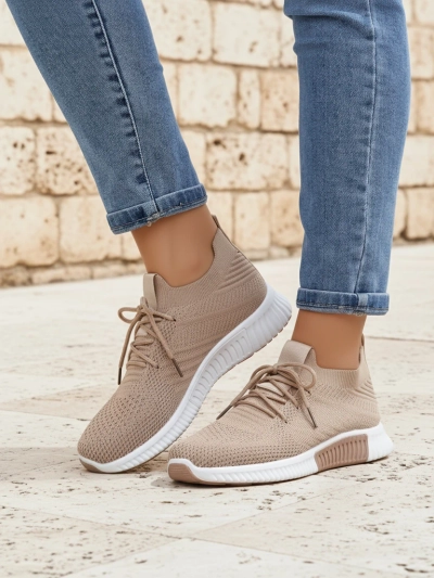 Damen-Sneakers Aristea hellbraun flacher Absatz Stoff 3 cm