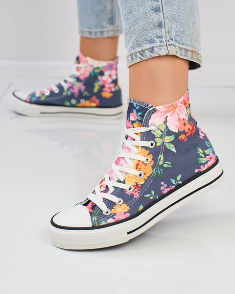 Royalfashion Damen hohe marineblaue Sneakers mit buntem Blumendruck Fahenna