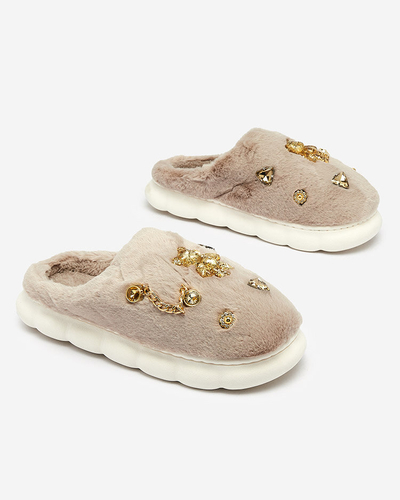 Royalfashion Graue Damenpelzpantoffeln mit Ornamenten Erserra