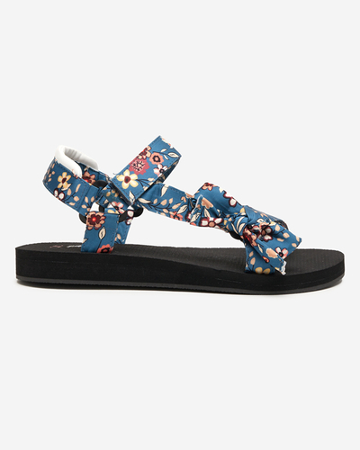 Schwarze Damensandalen mit blauen Streifen mit Lilienblüten - Schuhe