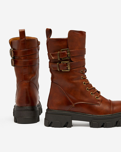 Royalfashion Eco Leder Damen Baggerstiefel in braun Faserti