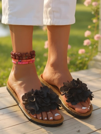 Royalfashion Damen Pantoletten mit Blümchen Flora Soft