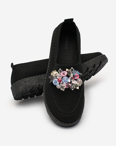 Royalfashion Schwarze Damen Stoffmokassins mit Kristallen Fezens