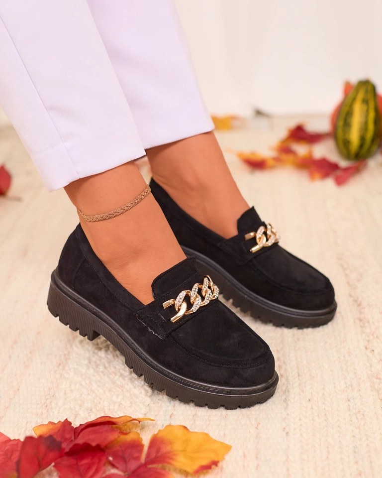 Royalfashion Damen Mokassins in schwarz mit goldenem Ornament Efehhi