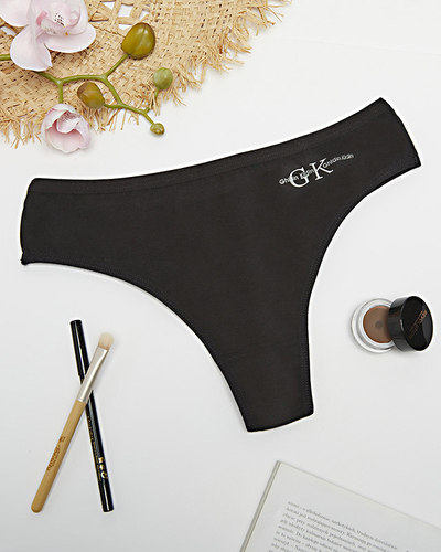 Schwarzer Baumwoll-Tanga-Slip für Damen mit Aufschrift - Unterwäsche